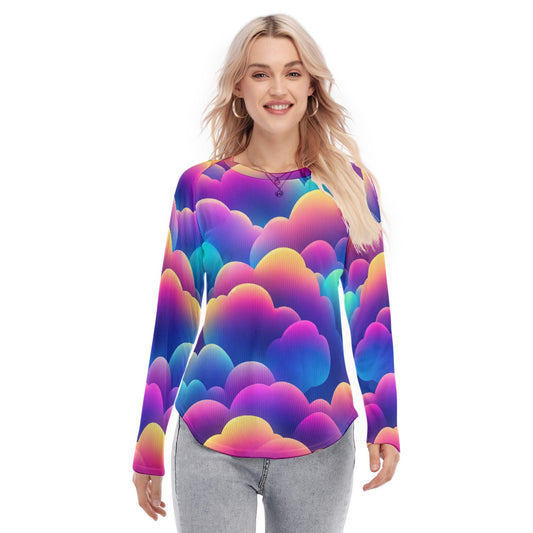 Women's Raglan Sleeves U-Shaped Hem Long Sleeves Blouse