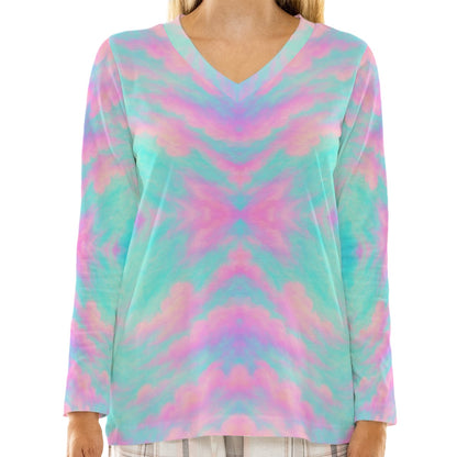 Women's Loose V-Neck T-Shirt With Long Sleeve