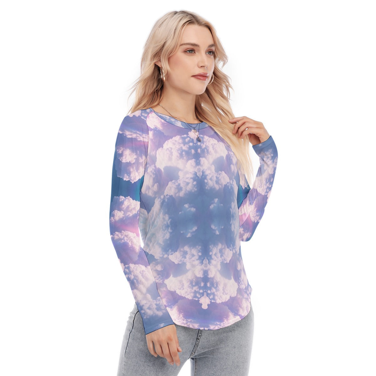 Women's Raglan Sleeves U-Shaped Hem Long Sleeves Blouse