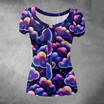 All-over print Women's Puff Sleeve Pleated Shirt