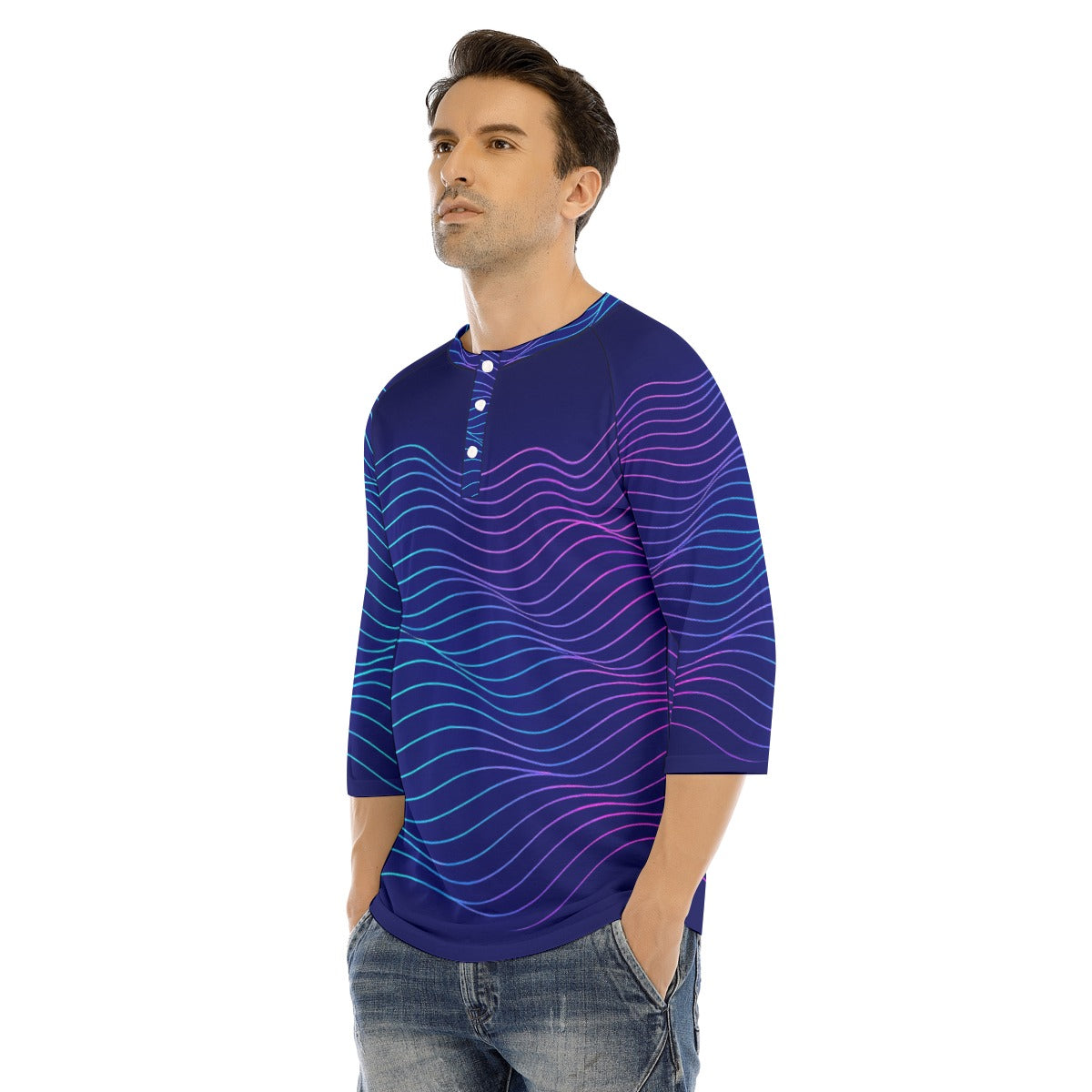 Men's Bracelet Sleeve T-shirt With Button Closure - view 3