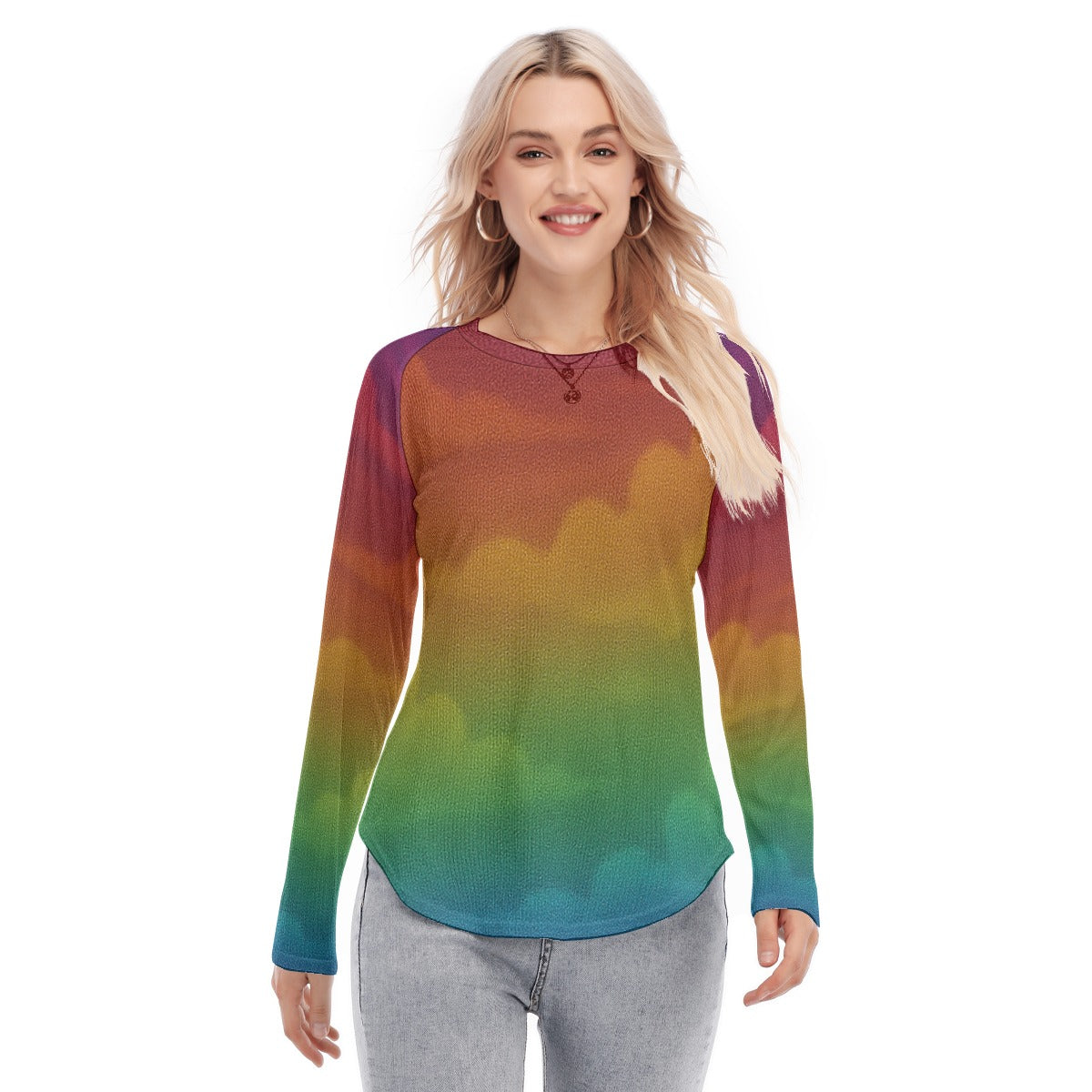 Women's Raglan Sleeves U-Shaped Hem Long Sleeves Blouse