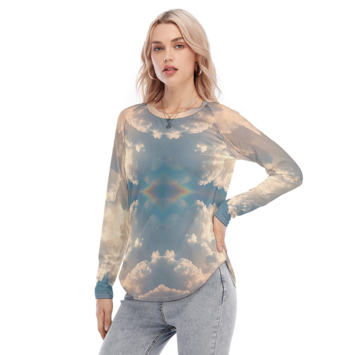 Women's Raglan Sleeves U-Shaped Hem Long Sleeves Blouse