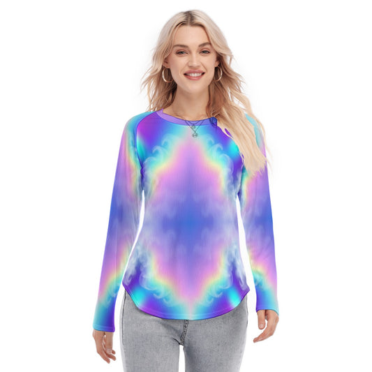 Women's Raglan Sleeves U-Shaped Hem Long Sleeves Blouse