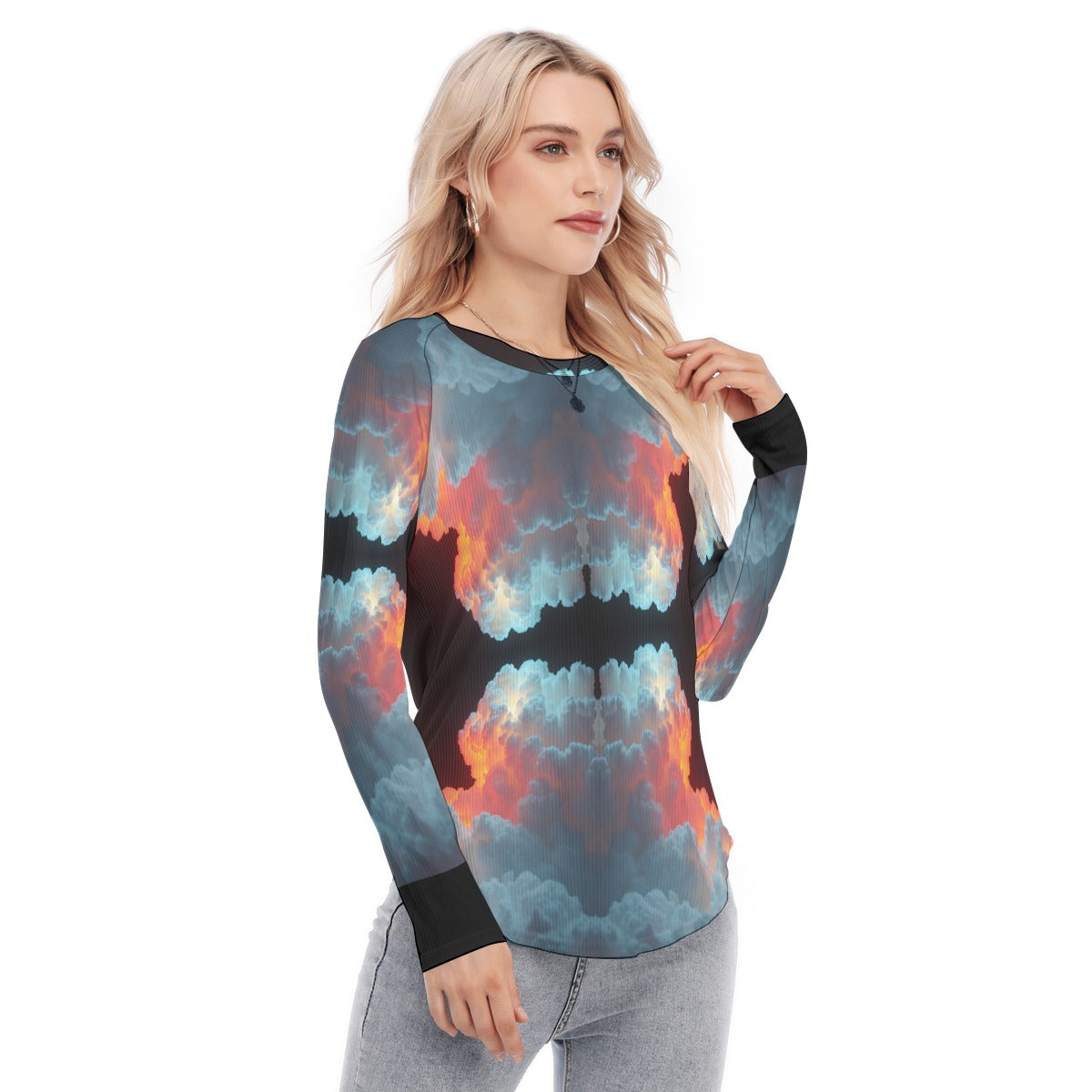 Women's Raglan Sleeves U-Shaped Hem Long Sleeves Blouse