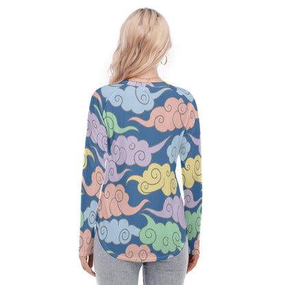 Women's Raglan Sleeves U-Shaped Hem Long Sleeves Blouse