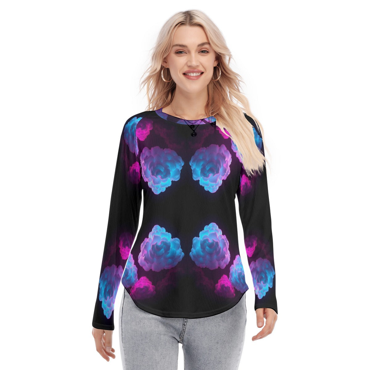 Women's Raglan Sleeves U-Shaped Hem Long Sleeves Blouse