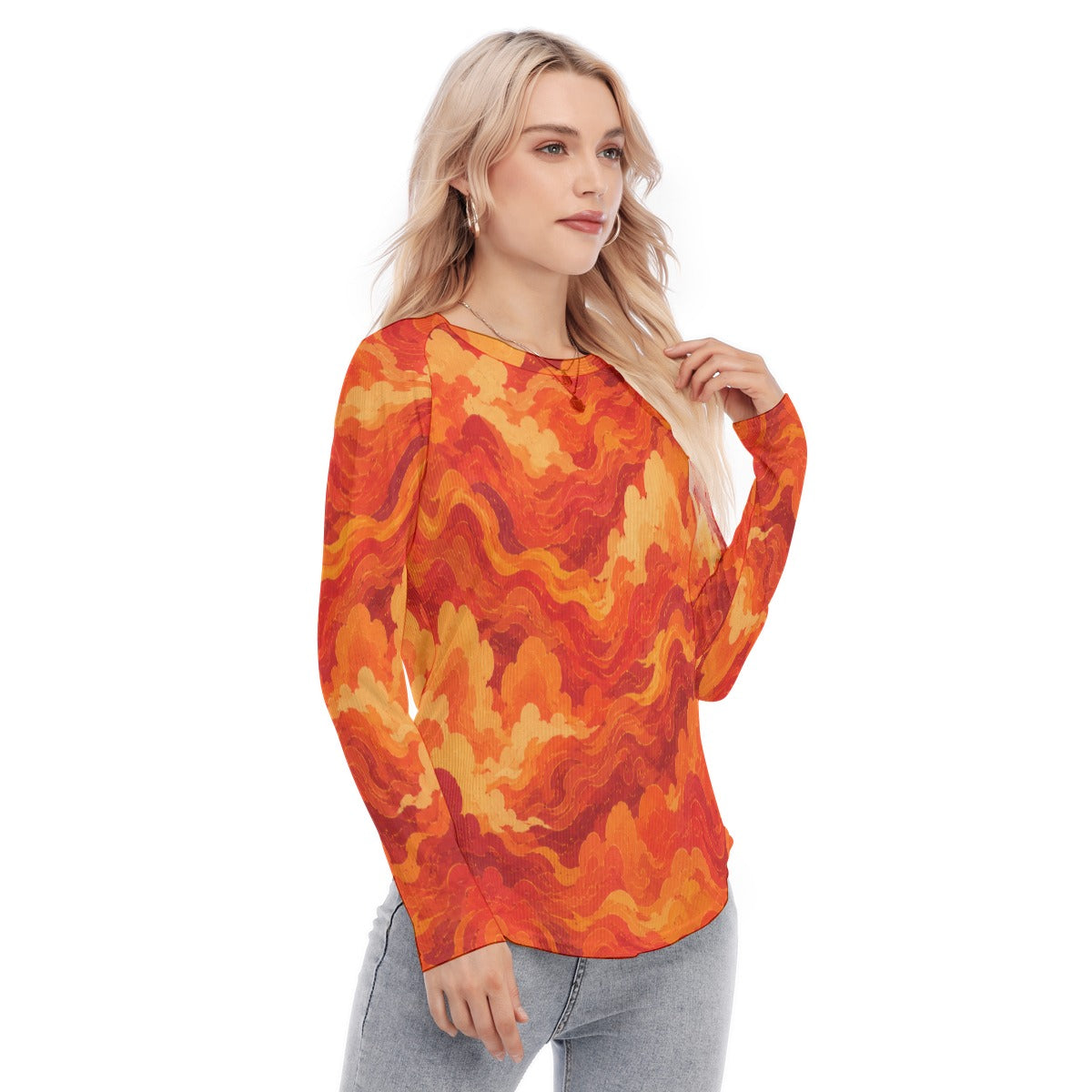 Women's Raglan Sleeves U-Shaped Hem Long Sleeves Blouse