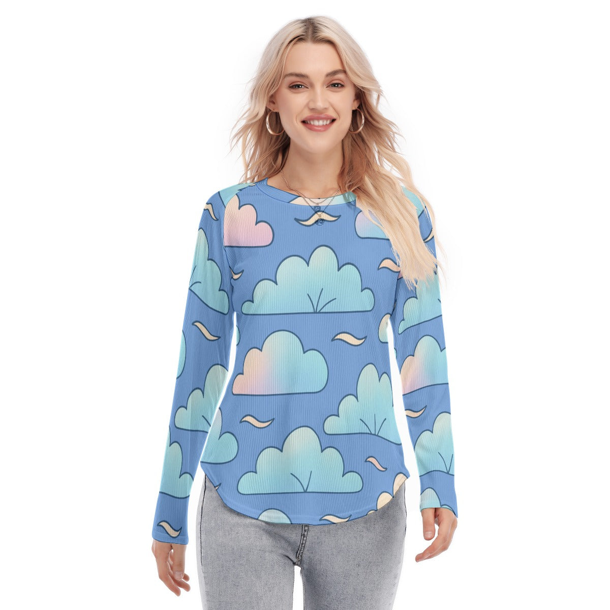 Women's Raglan Sleeves U-Shaped Hem Long Sleeves Blouse