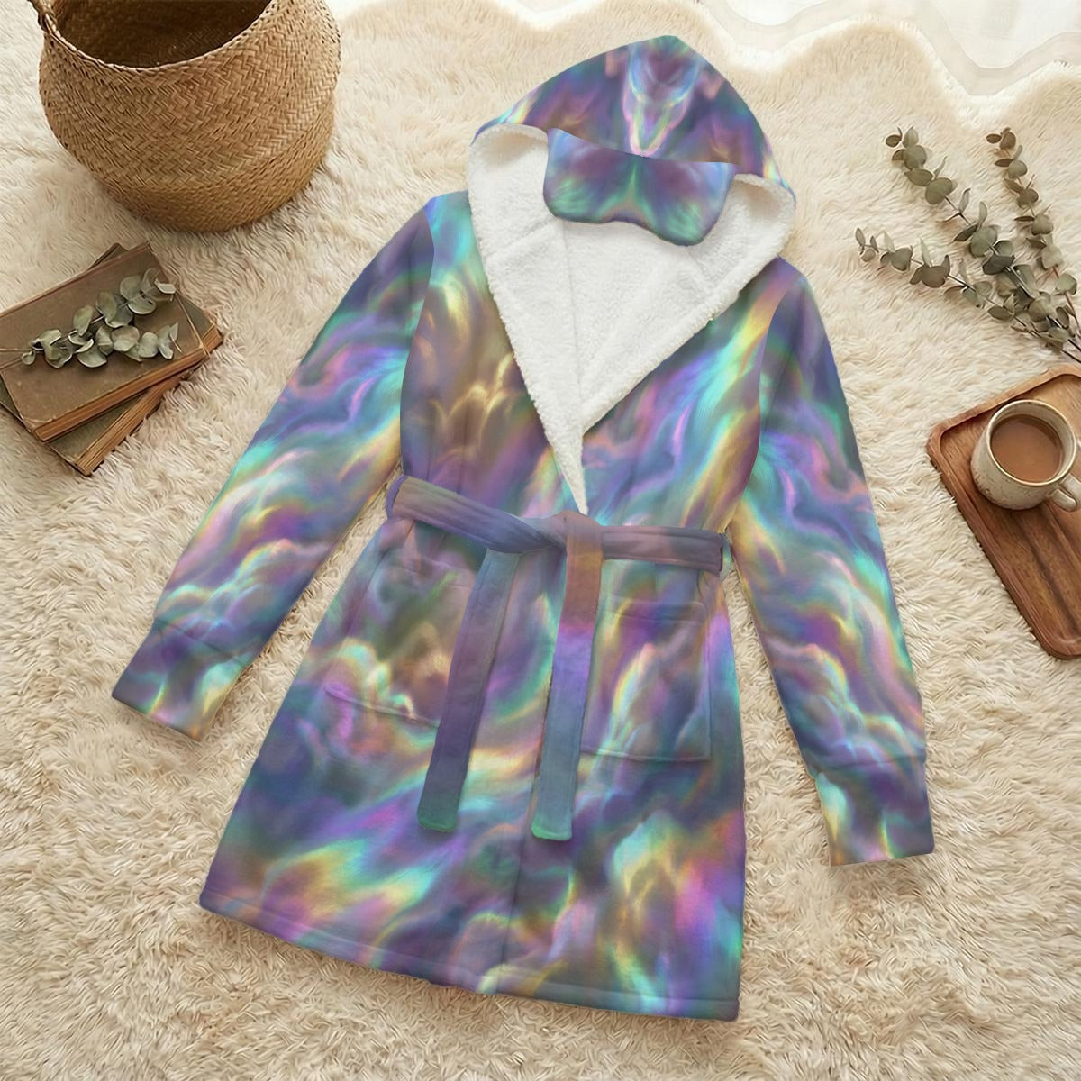 Unisex Flannel Hooded Robe With Eye Mask