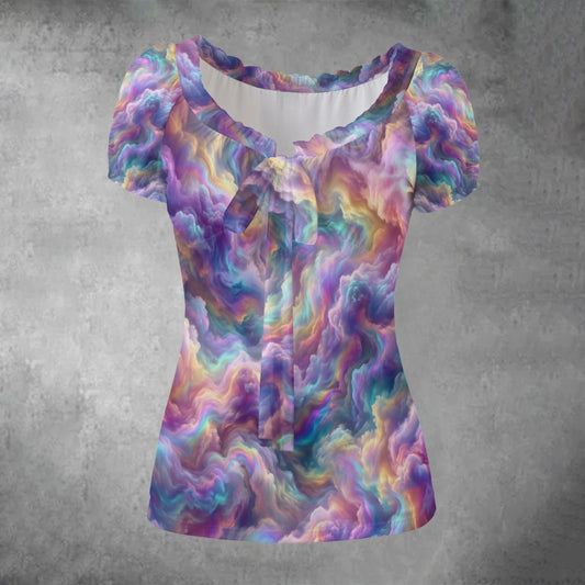 All-over print Women's Puff Sleeve Pleated Shirt