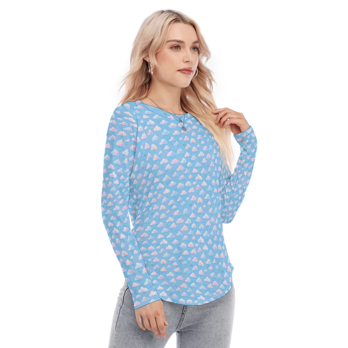 Women's Raglan Sleeves U-Shaped Hem Long Sleeves Blouse