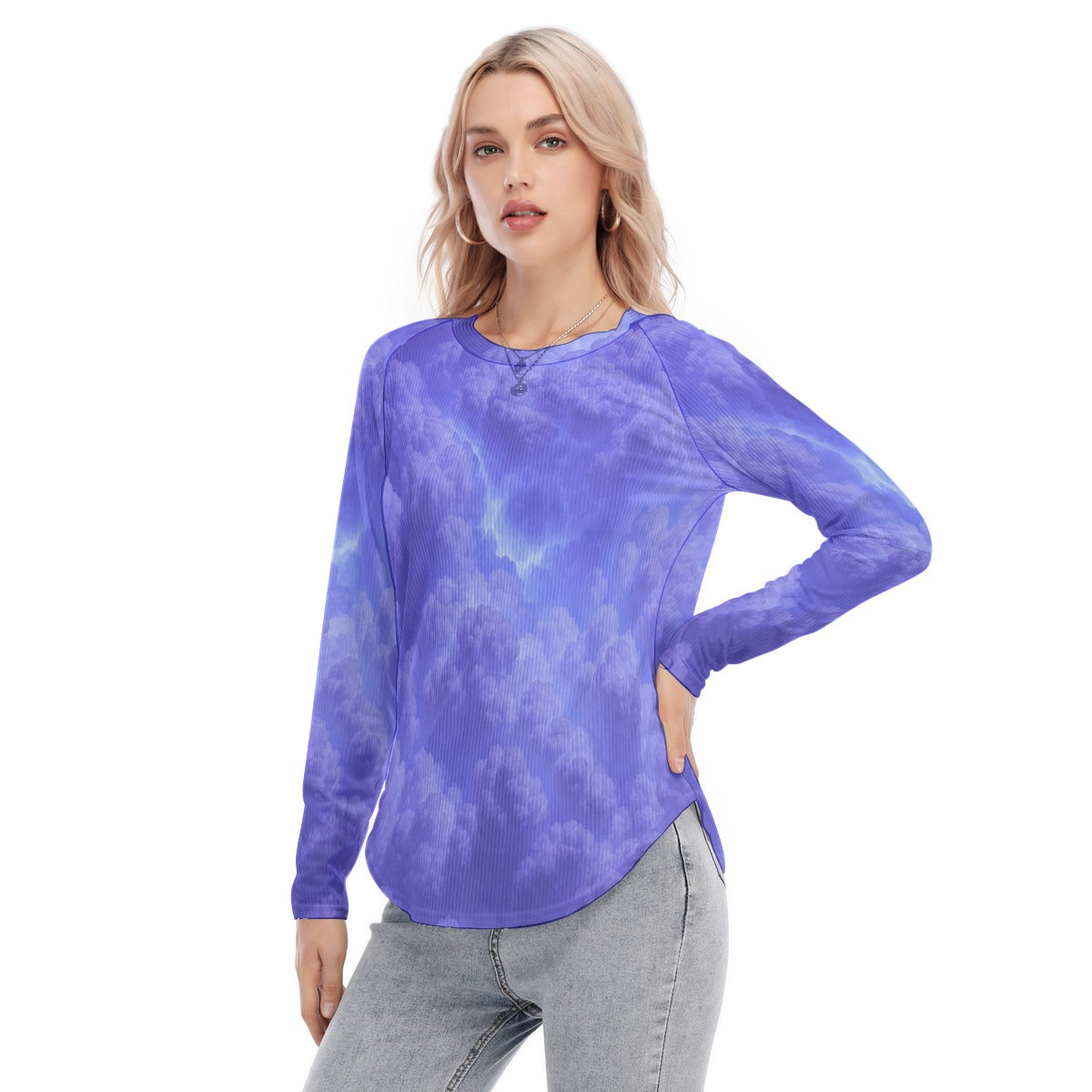 Women's Raglan Sleeves U-Shaped Hem Long Sleeves Blouse