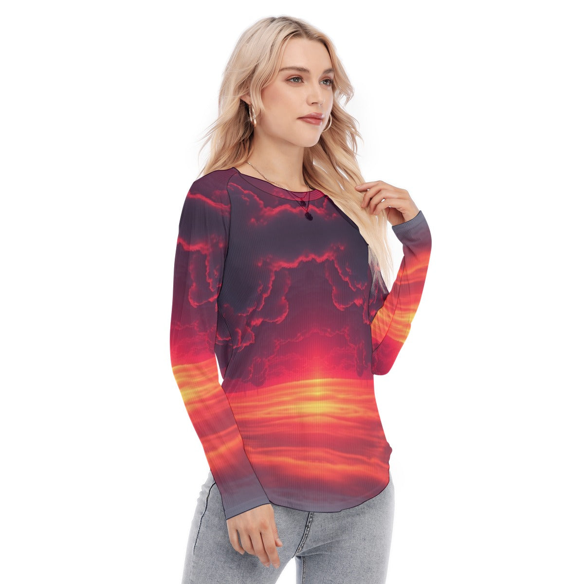 Women's Raglan Sleeves U-Shaped Hem Long Sleeves Blouse