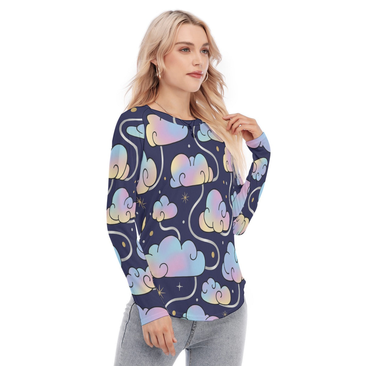 Women's Raglan Sleeves U-Shaped Hem Long Sleeves Blouse