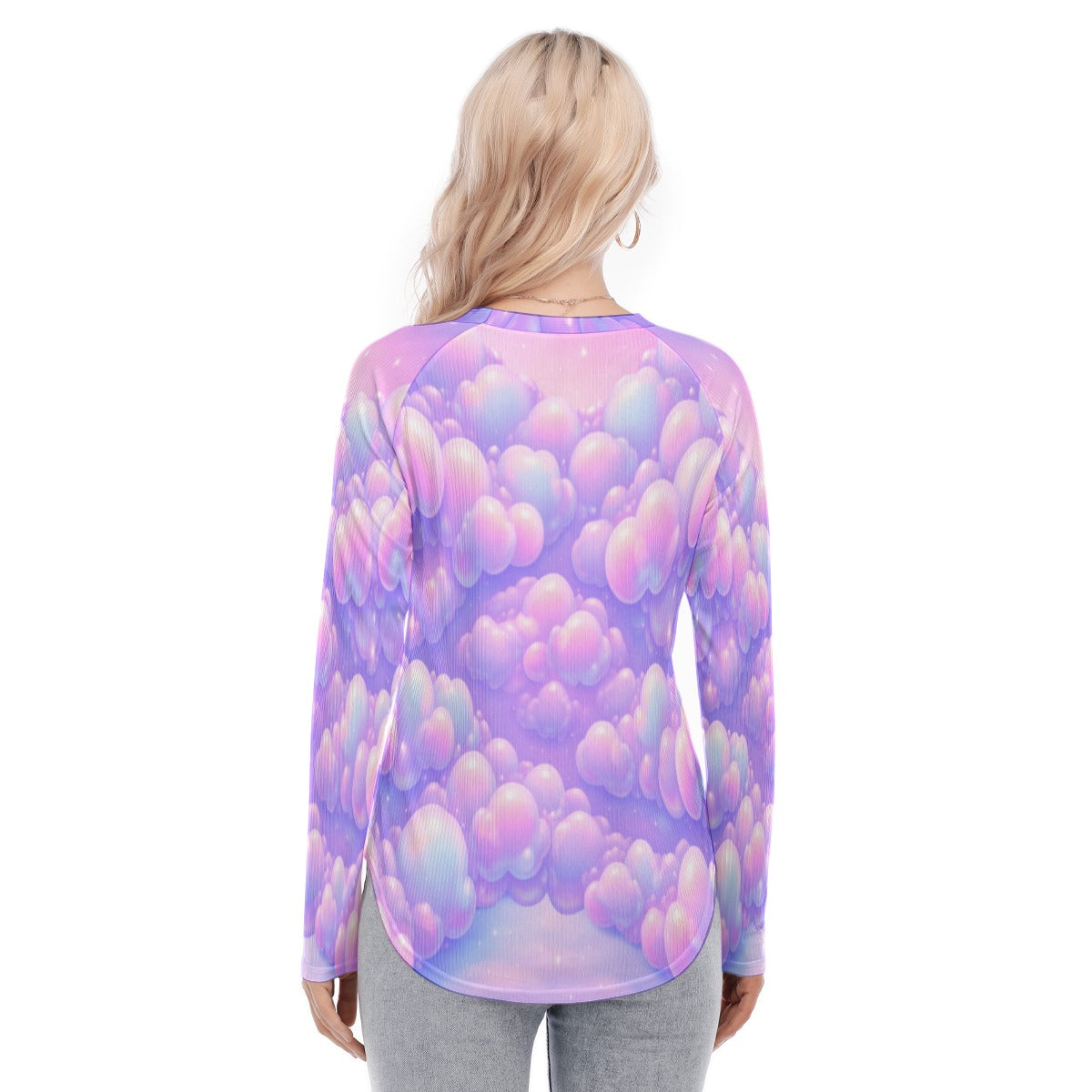 Women's Raglan Sleeves U-Shaped Hem Long Sleeves Blouse