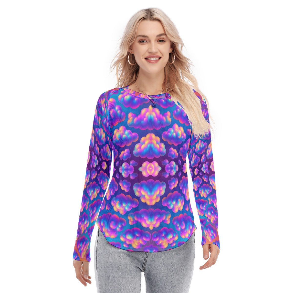 Women's Raglan Sleeves U-Shaped Hem Long Sleeves Blouse