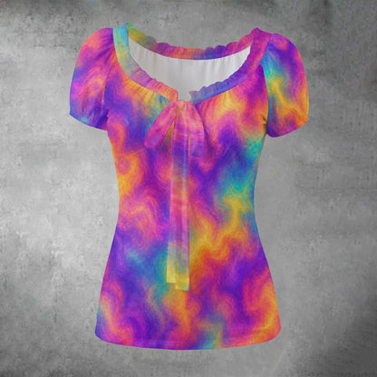 All-over print Women's Puff Sleeve Pleated Shirt