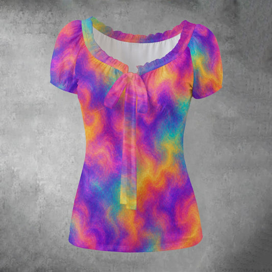 All-over print Women's Puff Sleeve Pleated Shirt