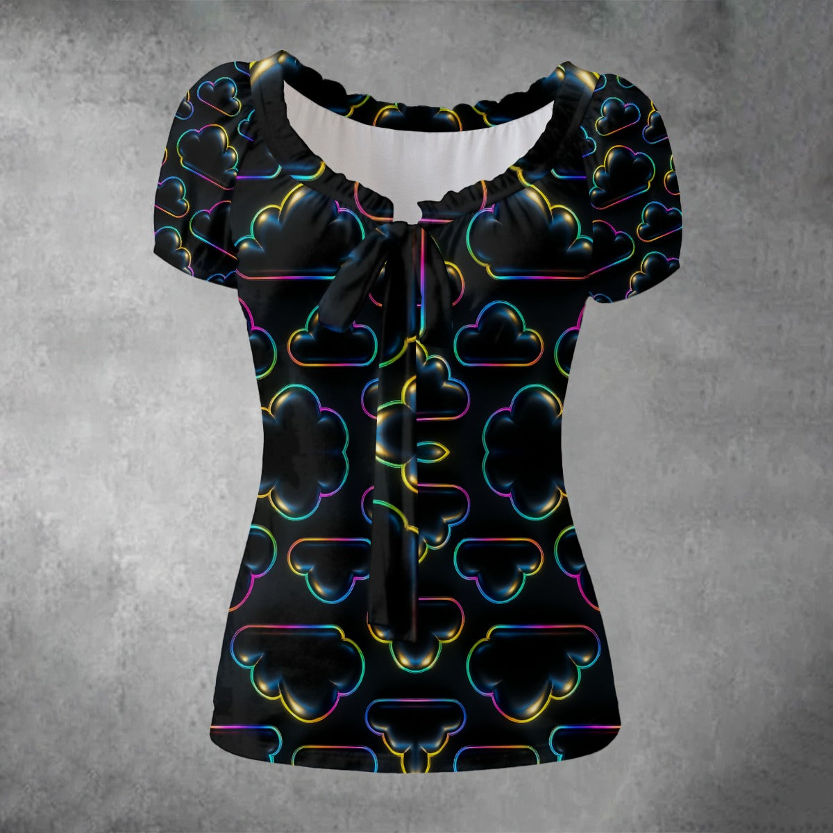 All-over print Women's Puff Sleeve Pleated Shirt