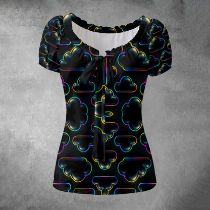 All-over print Women's Puff Sleeve Pleated Shirt