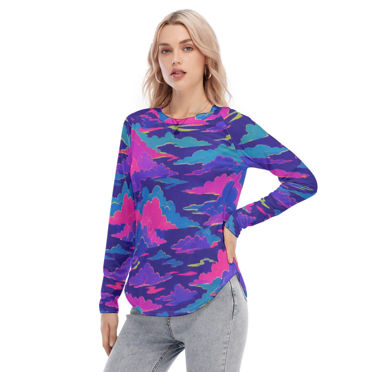 Women's Raglan Sleeves U-Shaped Hem Long Sleeves Blouse