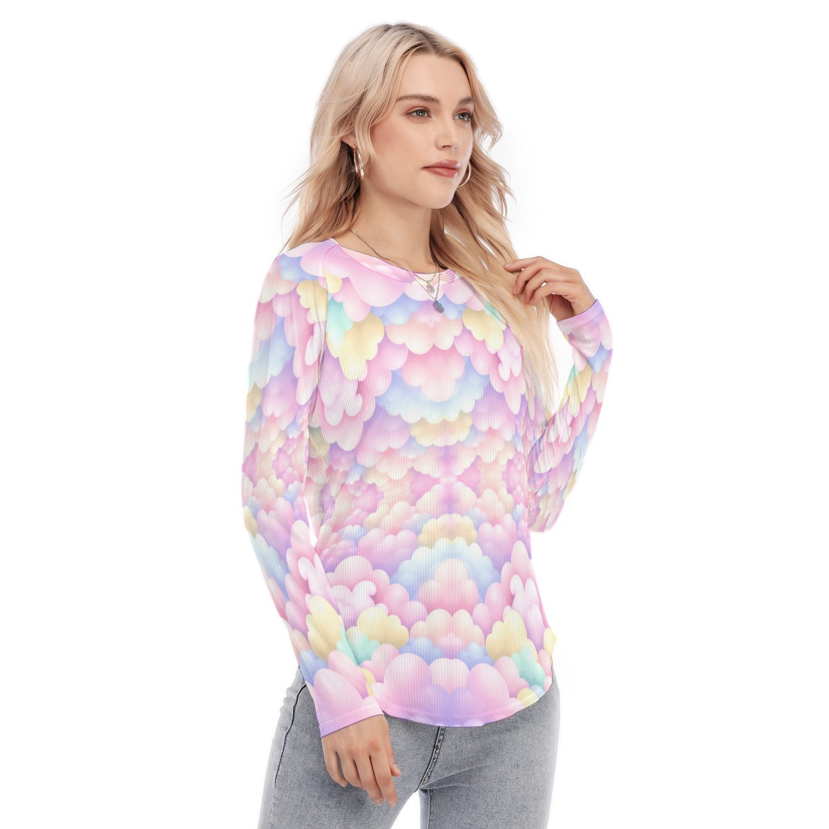 Women's Raglan Sleeves U-Shaped Hem Long Sleeves Blouse