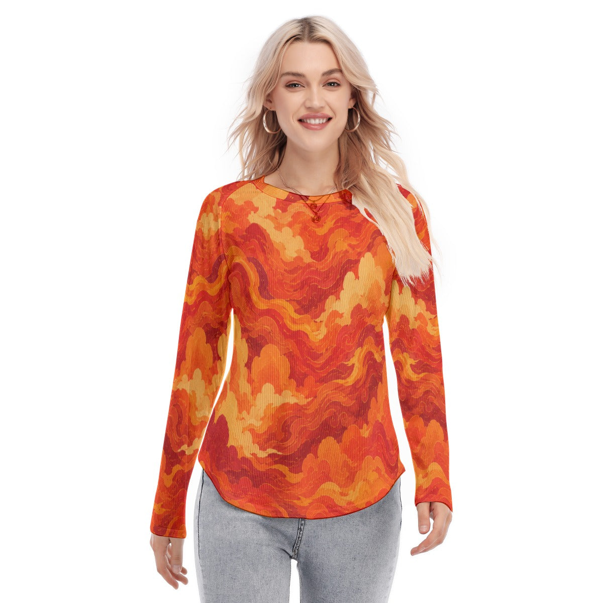 Women's Raglan Sleeves U-Shaped Hem Long Sleeves Blouse