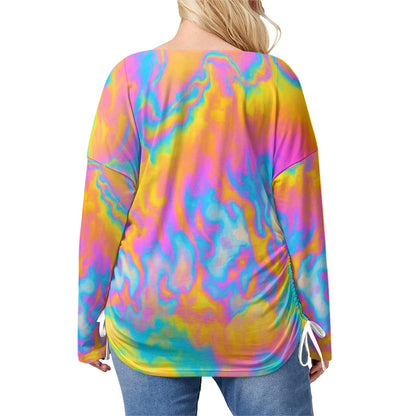 Unisex Women’s V-neck T-shirt With Side Drawstring(Plus Size)