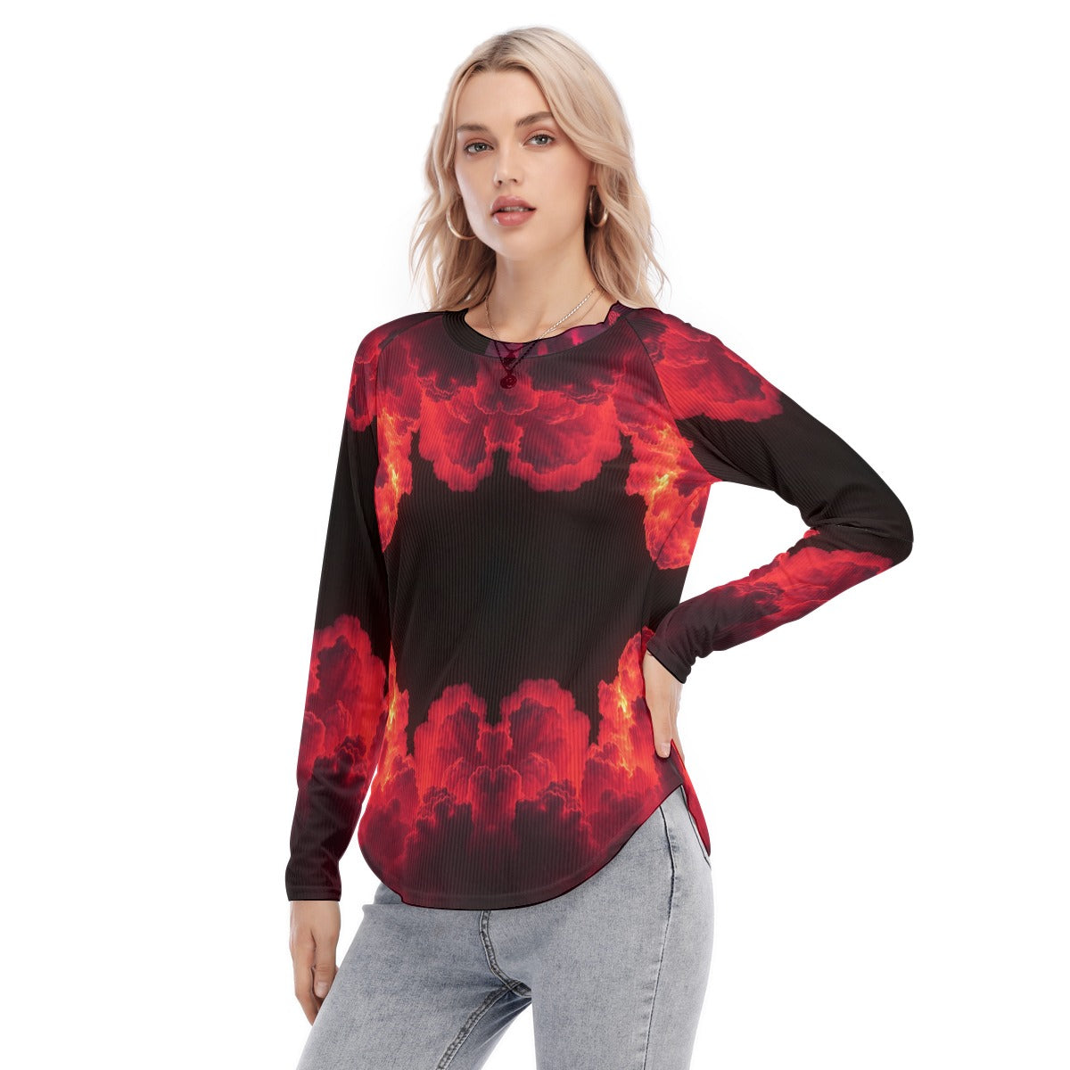 Women's Raglan Sleeves U-Shaped Hem Long Sleeves Blouse