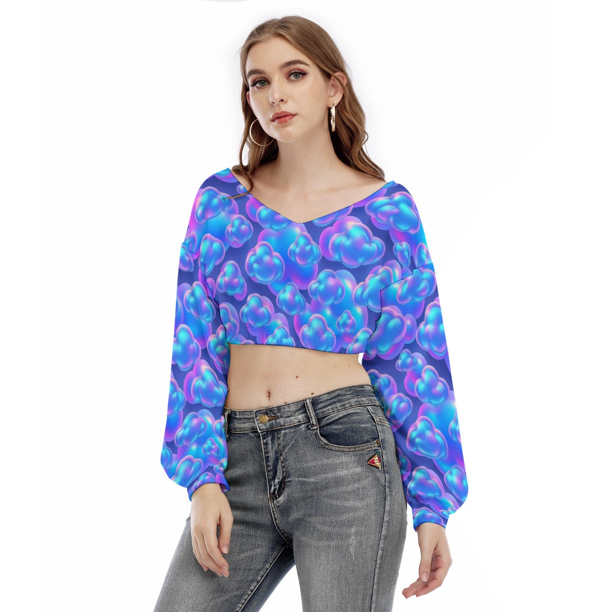 Women's V-neck Long Sleeve Cropped Sweatshirt