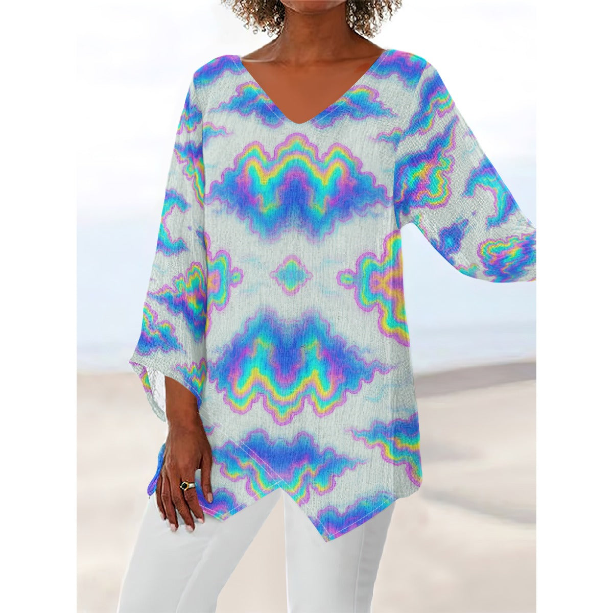 Women's V-neck T-shirt With Irregular Hem