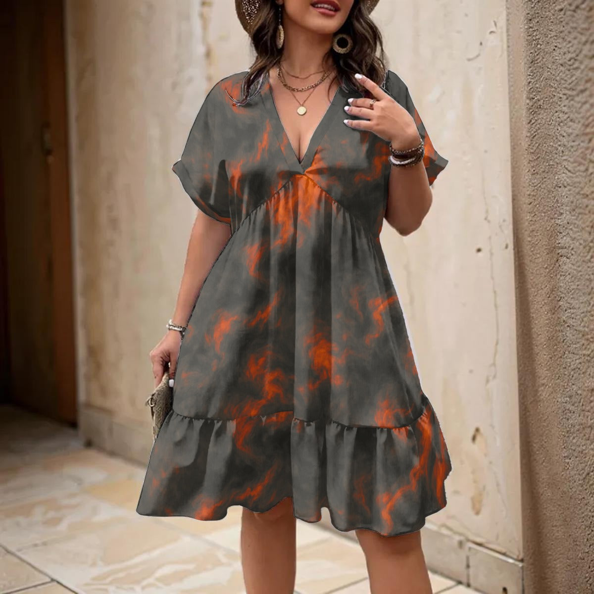 Unisex Women’s Floral V-Neck Short Sleeve Dress