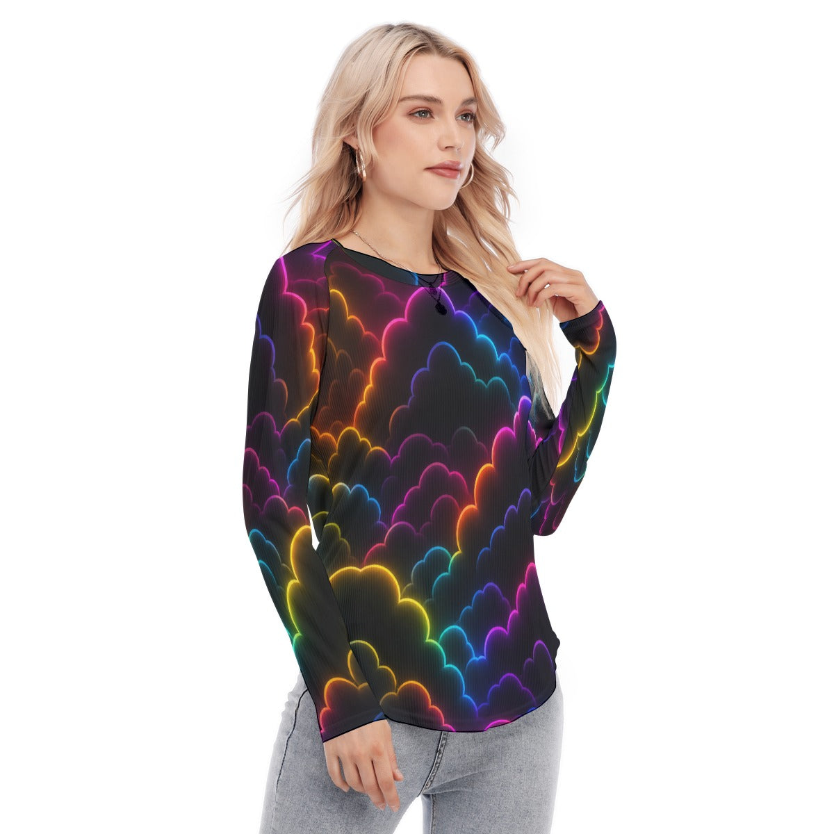 Women's Raglan Sleeves U-Shaped Hem Long Sleeves Blouse