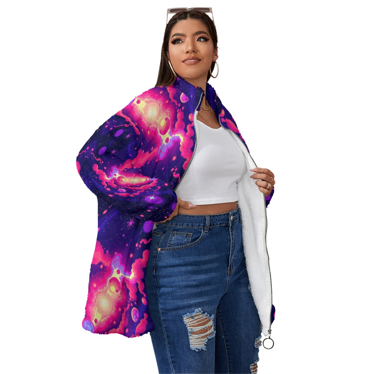 Unisex Borg Fleece Stand-up Collar Coat With Zipper Closure(Plus Size)