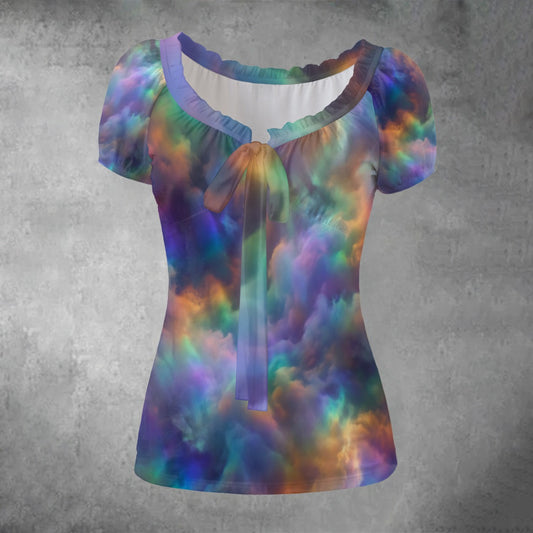 All-over print Women's Puff Sleeve Pleated Shirt