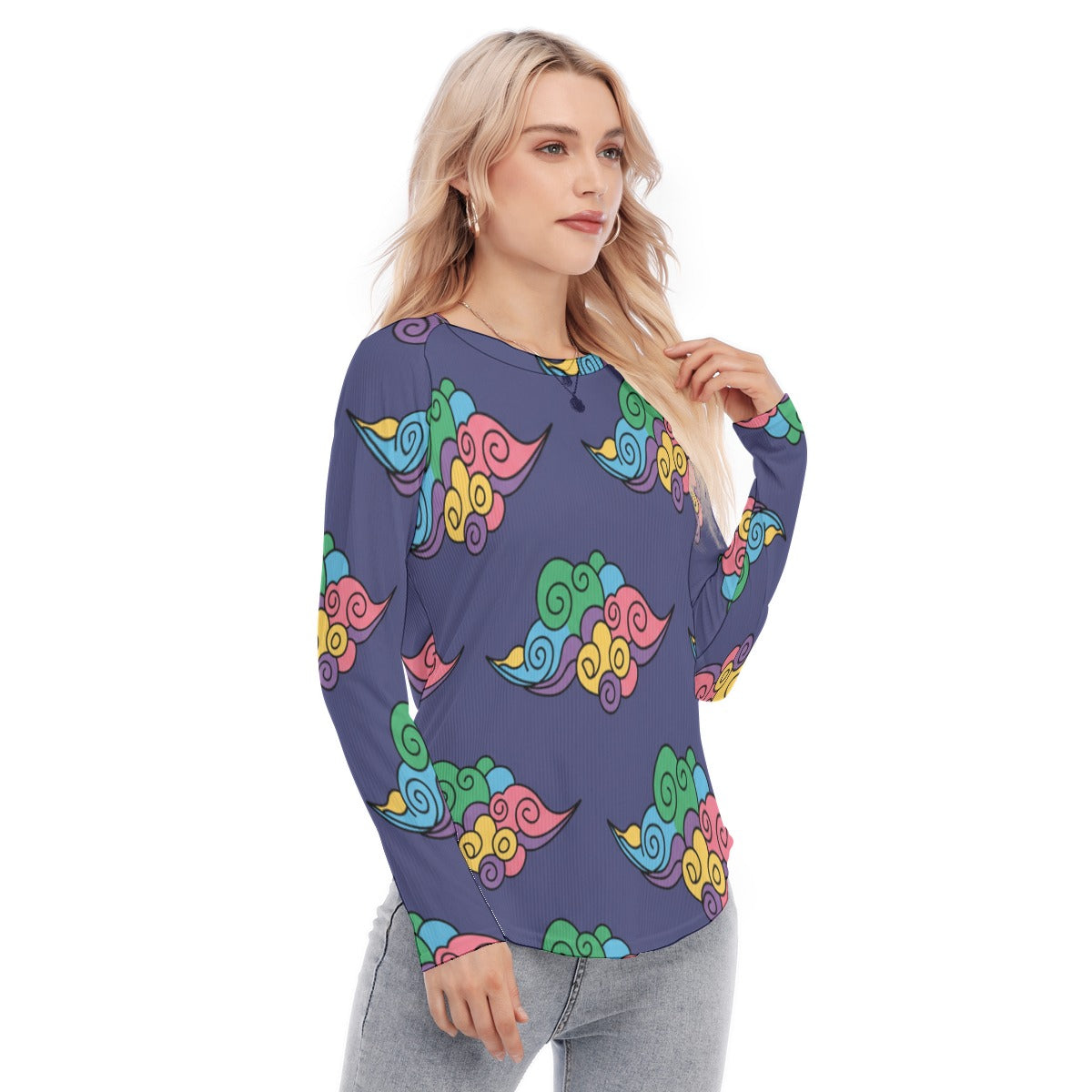 Women's Raglan Sleeves U-Shaped Hem Long Sleeves Blouse
