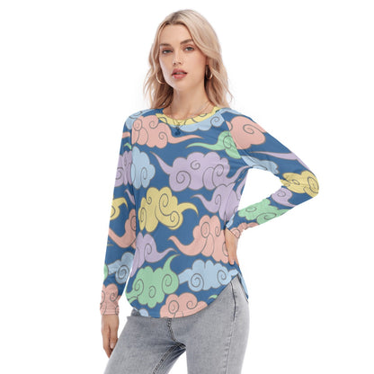 Women's Raglan Sleeves U-Shaped Hem Long Sleeves Blouse