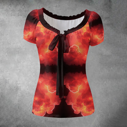 All-over print Women's Puff Sleeve Pleated Shirt