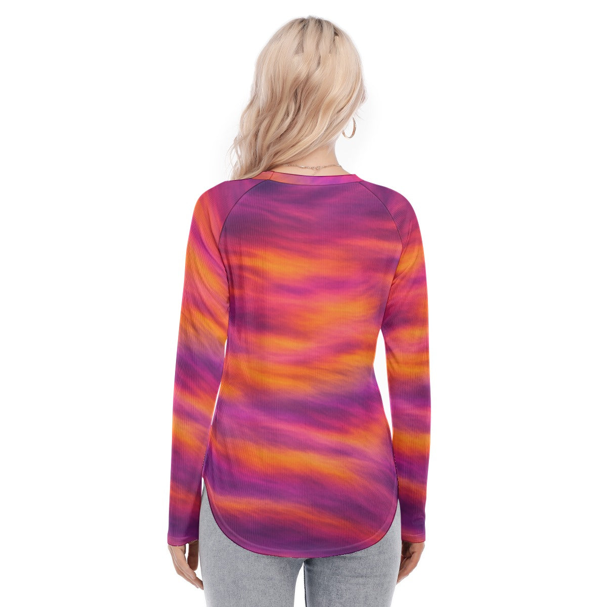 Women's Raglan Sleeves U-Shaped Hem Long Sleeves Blouse