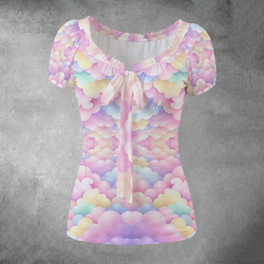 All-over print Women's Puff Sleeve Pleated Shirt