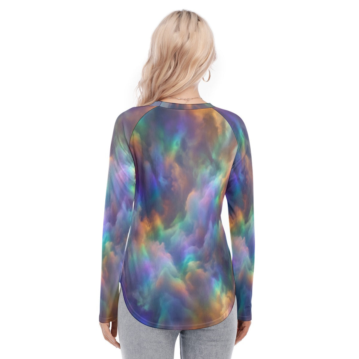 Women's Raglan Sleeves U-Shaped Hem Long Sleeves Blouse