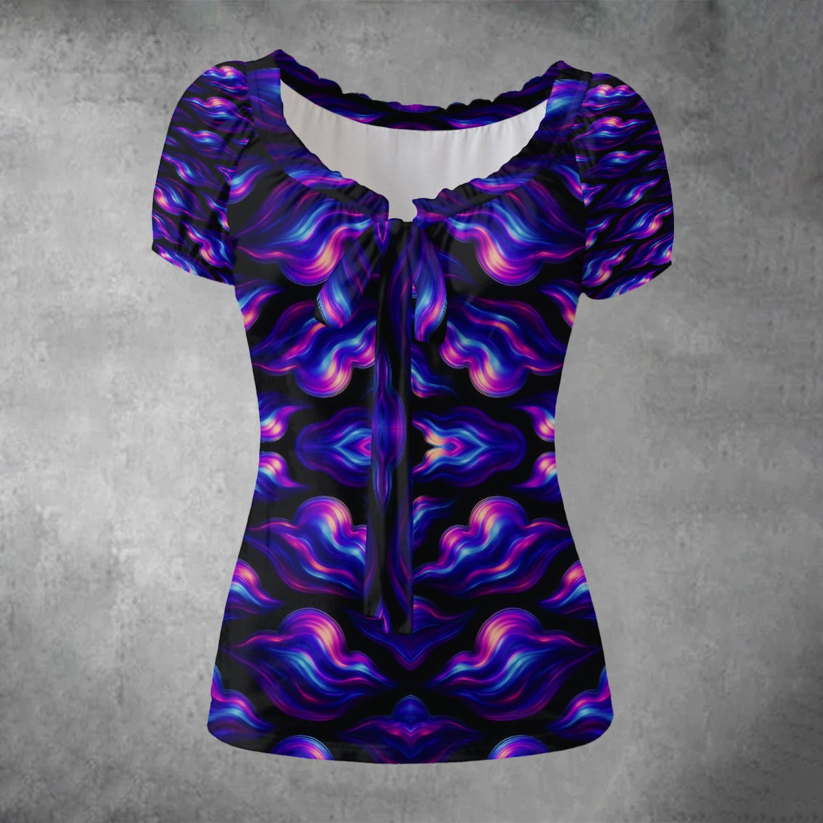 All-over print Women's Puff Sleeve Pleated Shirt