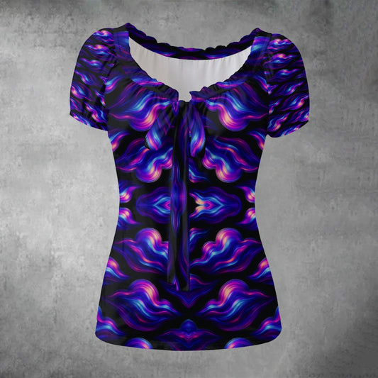 All-over print Women's Puff Sleeve Pleated Shirt