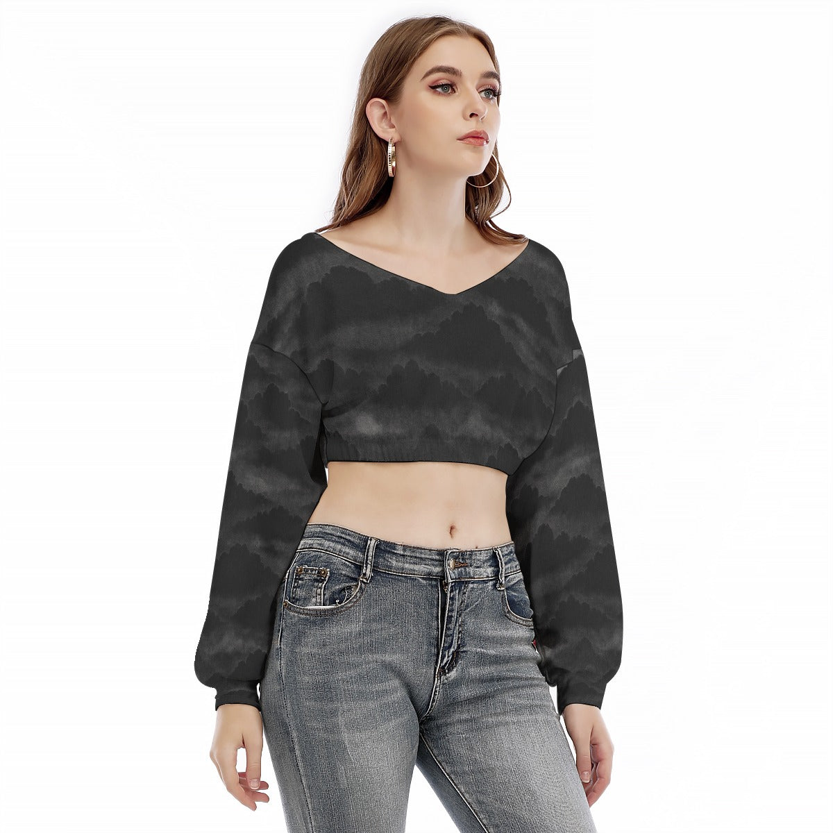Women's V-neck Long Sleeve Cropped Sweatshirt
