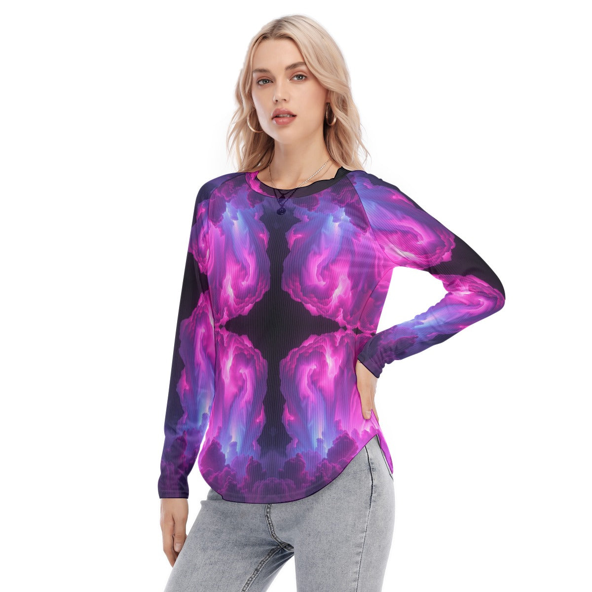Women's Raglan Sleeves U-Shaped Hem Long Sleeves Blouse