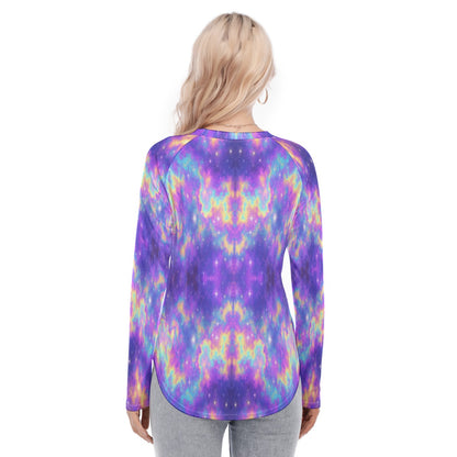 Women's Raglan Sleeves U-Shaped Hem Long Sleeves Blouse