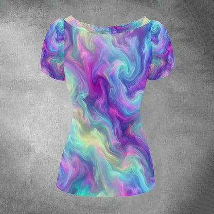 All-over print Women's Puff Sleeve Pleated Shirt