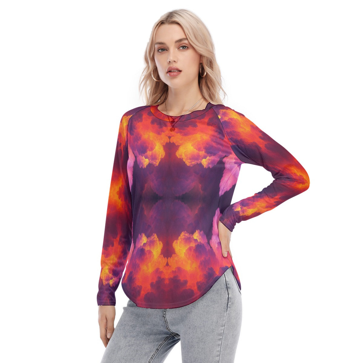 Women's Raglan Sleeves U-Shaped Hem Long Sleeves Blouse