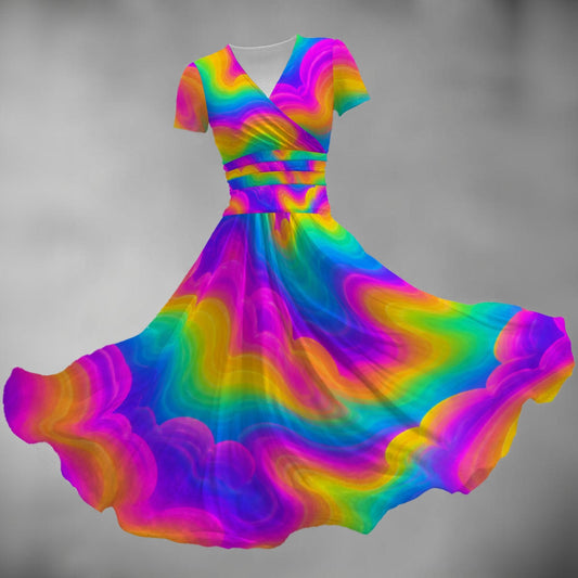 All-over Print Women's Short Sleeve V Neck Midi Dress